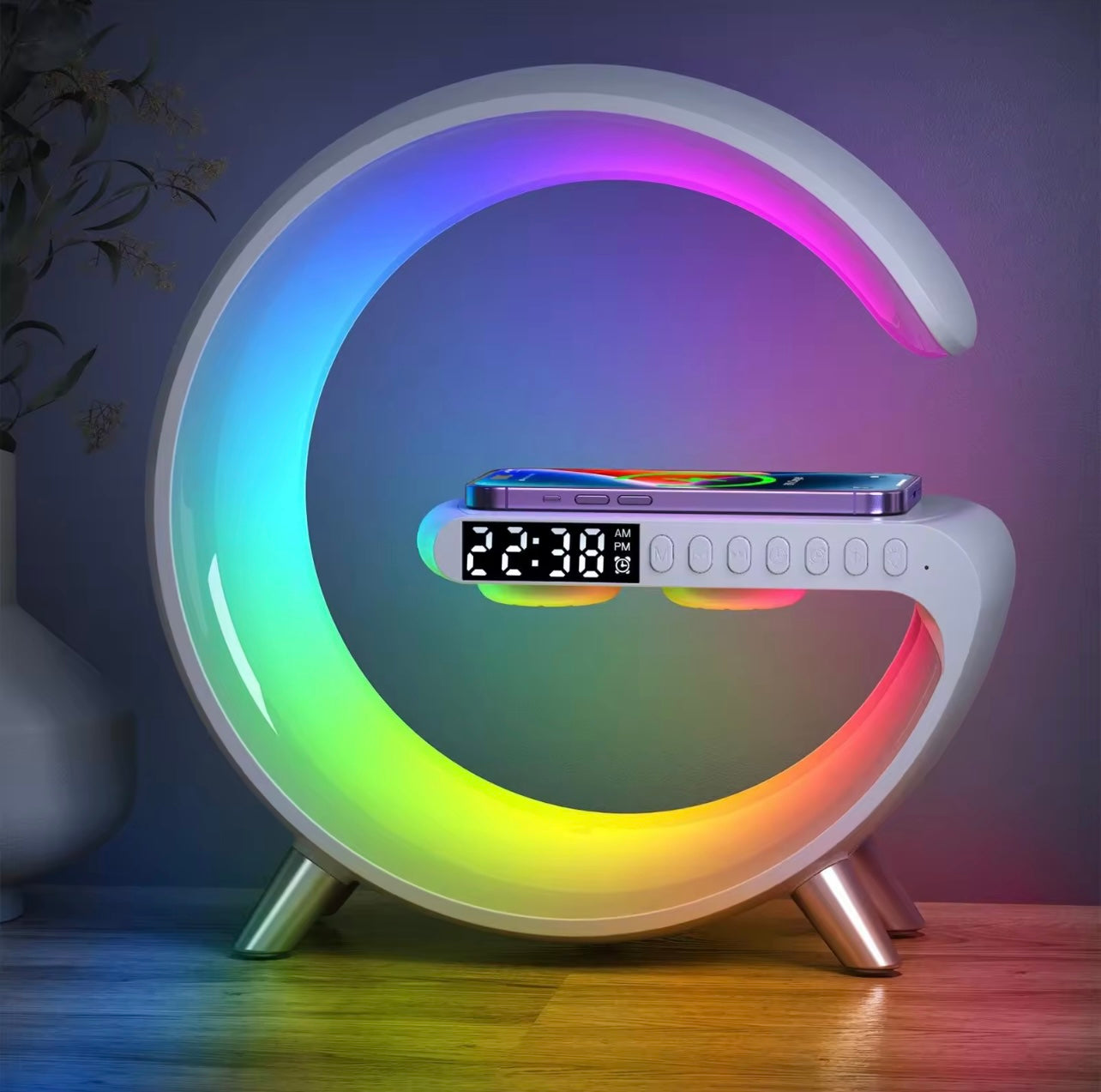 Best Gift Multi LED Light Alarm Clock Bedside Lamp Wireless Charger Dock Wireless Speaker For iPhone and Android